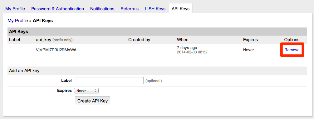 Click the Remove button next to the appropriate key.