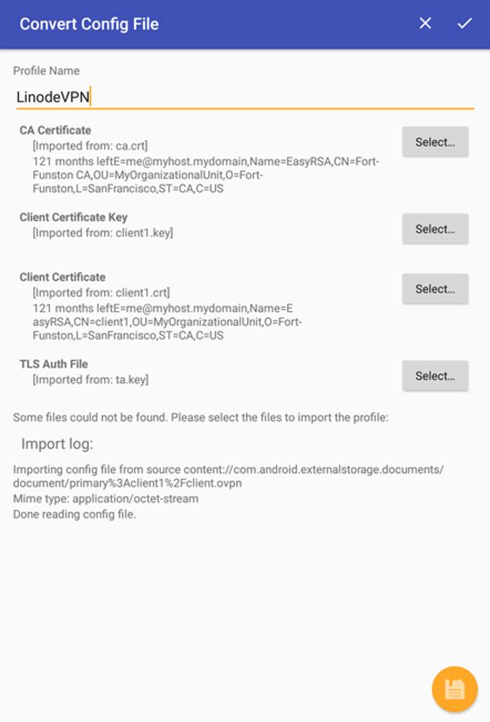 OpenVPN for Android profile imported