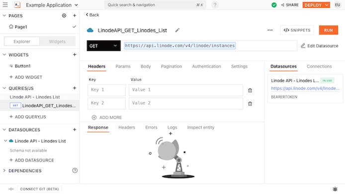 Query creation page for the example application Query creation page for the example application