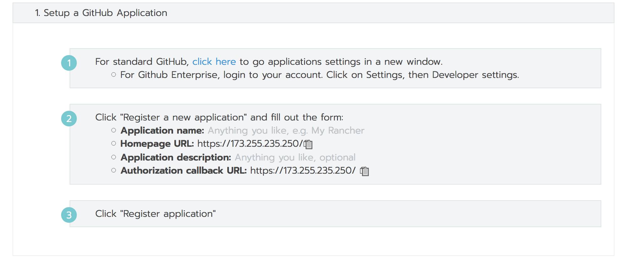 Rancher generated GitHub OAuth form values