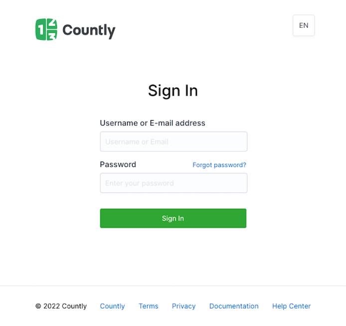 Countly login page Countly login page