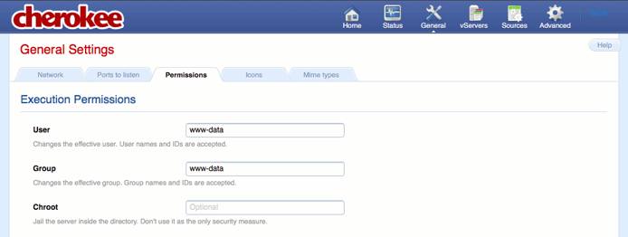 Permissions tab on the general page of the Cherokee admin panel on Fedora 13.