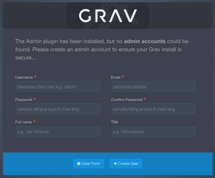 Screenshot of the Create Admin Account form in Grav Screenshot of the Create Admin Account form in Grav