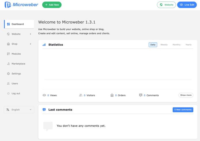 Screenshot of the Microweber dashboard Screenshot of the Microweber dashboard