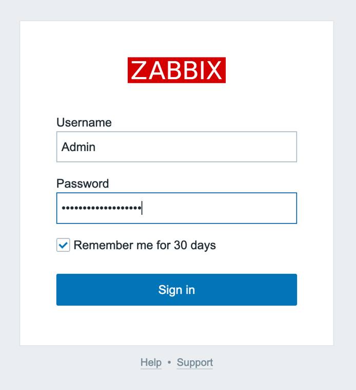 A screenshot of the Zabbix log in prompt A screenshot of the Zabbix log in prompt